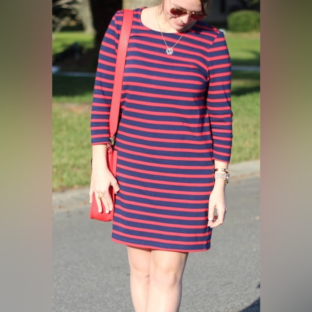 Merona Navy Blue/Hot Pink Striped Sheath Dress, Rolled Long Sleeve